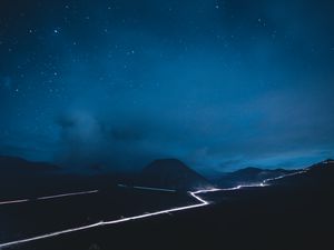 Preview wallpaper volcano, road, glow, night, starry sky