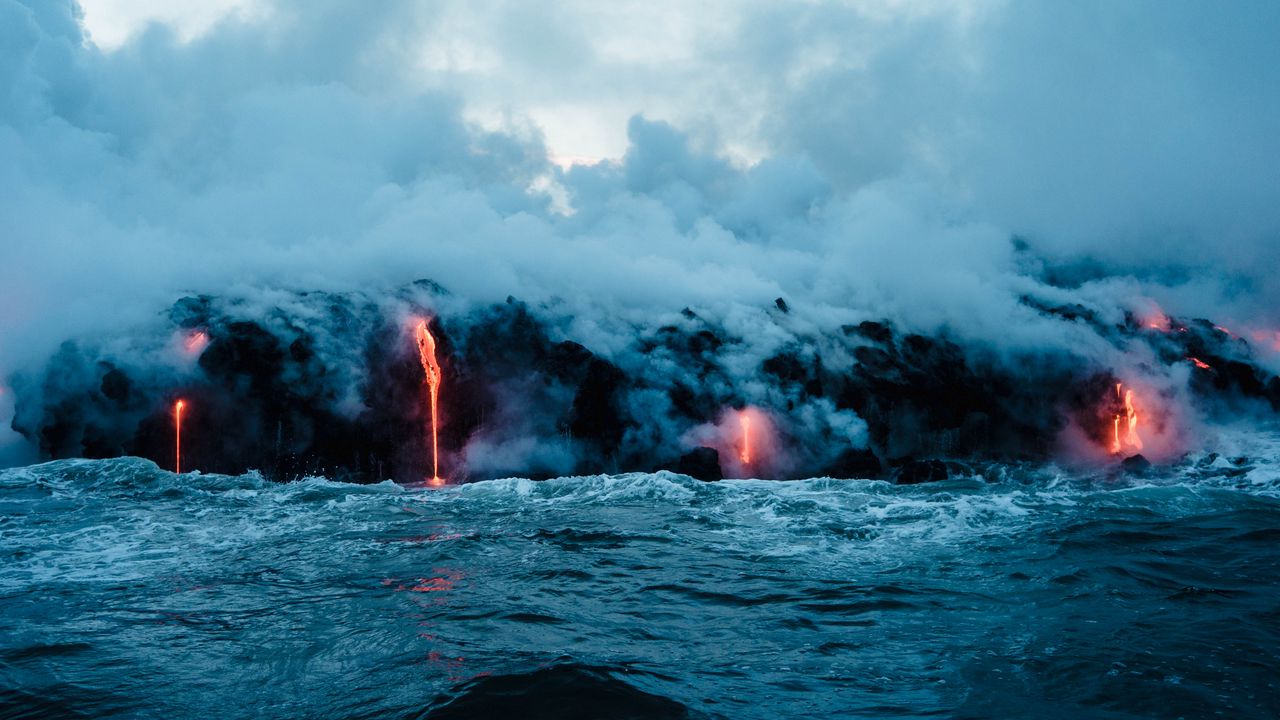 Wallpaper volcano, sea, lava