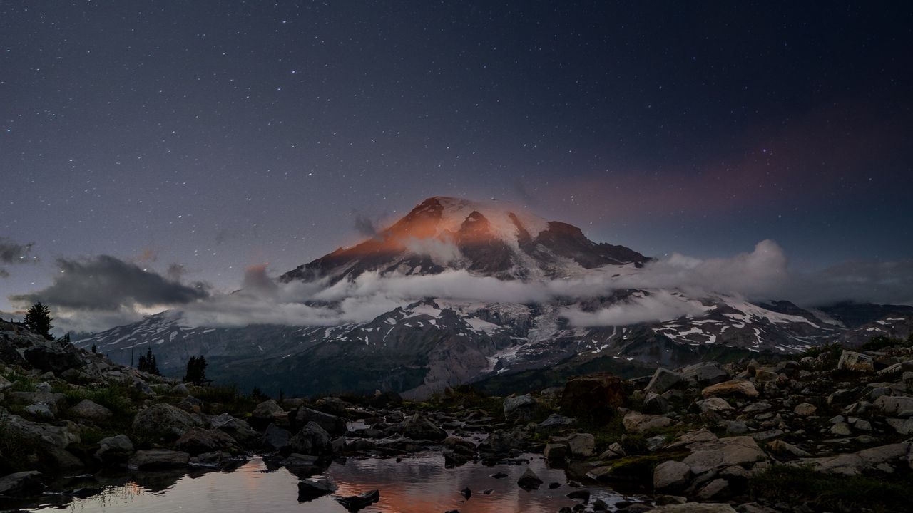 Wallpaper volcano, snow, snowy, stones, lake