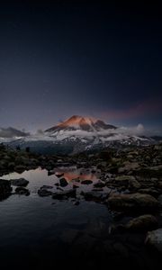 Preview wallpaper volcano, snow, snowy, stones, lake