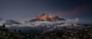 Preview wallpaper volcano, snow, snowy, stones, lake