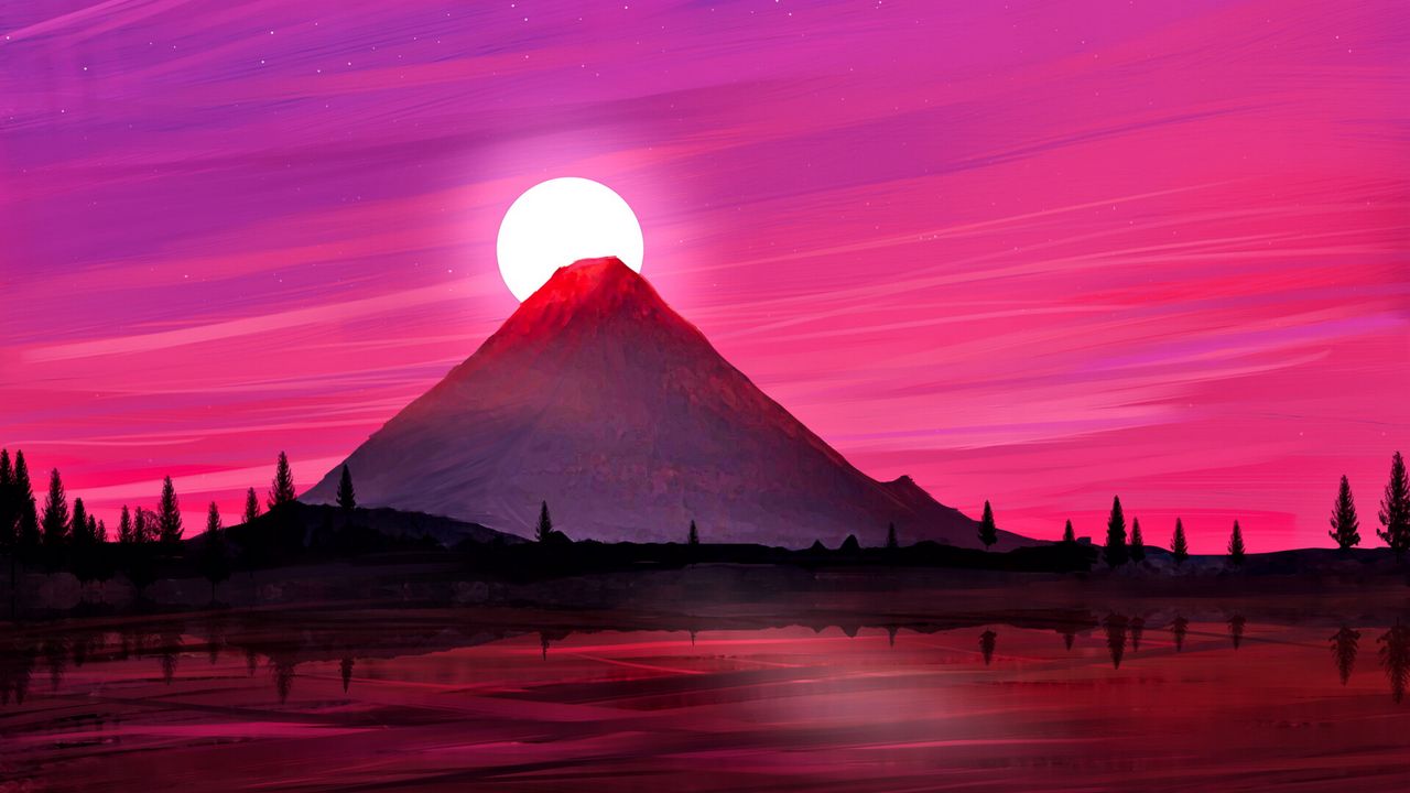 Wallpaper volcano, sun, sunset, landscape, art