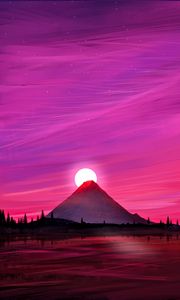 Preview wallpaper volcano, sun, sunset, landscape, art