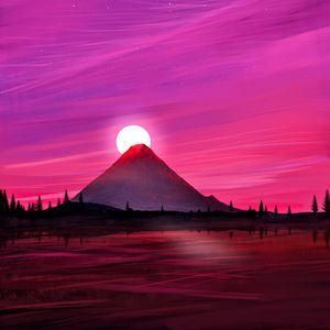 Preview wallpaper volcano, sun, sunset, landscape, art