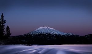 Preview wallpaper volcano, trees, snow, night, dark, winter