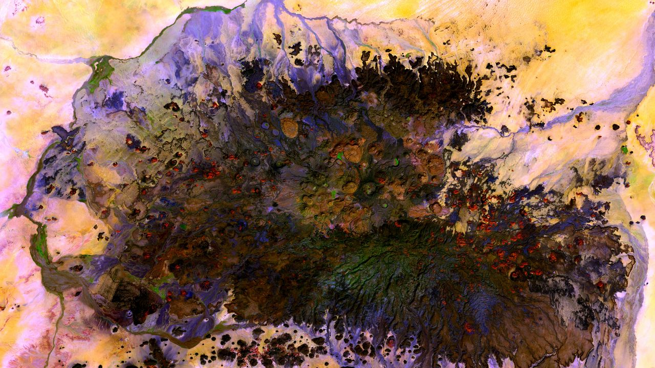 Wallpaper volcano, volcanic field, relief, aerial view