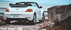 Preview wallpaper volkswagen beetle, cabriolet, white, sea