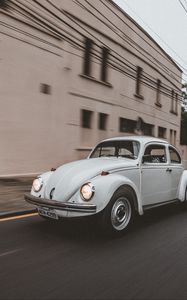 Preview wallpaper volkswagen beetle, volkswagen, car, white, retro, road