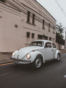 Preview wallpaper volkswagen beetle, volkswagen, car, white, retro, road