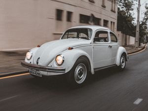 Preview wallpaper volkswagen beetle, volkswagen, car, white, retro, road