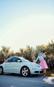 Preview wallpaper volkswagen beetle, volkswagen, car, blue, girl, road