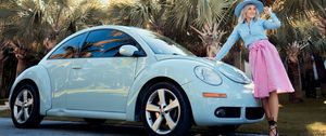 Preview wallpaper volkswagen beetle, volkswagen, car, blue, girl, road