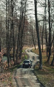 Preview wallpaper volkswagen, car, suv, black, road, forest