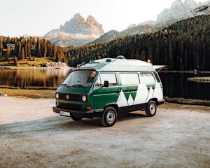 Preview wallpaper volkswagen, car, van, mountains, lake