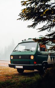 Preview wallpaper volkswagen, car, van, green, nature, fog, camping