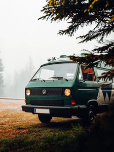Preview wallpaper volkswagen, car, van, green, nature, fog, camping