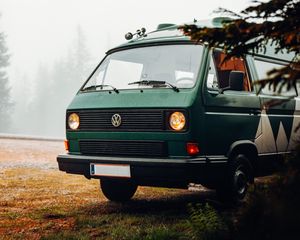 Preview wallpaper volkswagen, car, van, green, nature, fog, camping