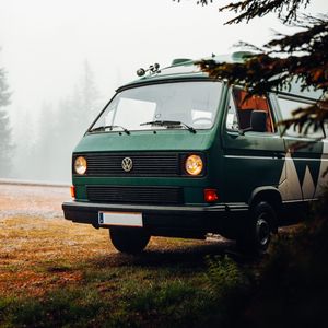 Preview wallpaper volkswagen, car, van, green, nature, fog, camping