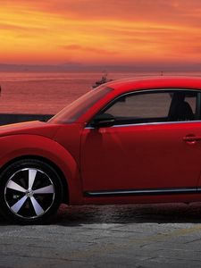 Preview wallpaper volkswagen, fusca, red, side view