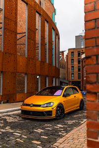 Preview wallpaper volkswagen golf mk5, volkswagen, car, front view, yellow