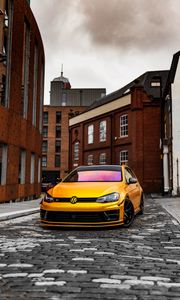 Preview wallpaper volkswagen golf, volkswagen, car, front view, yellow