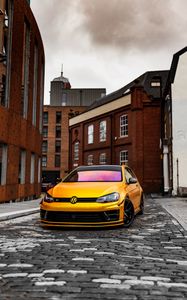 Preview wallpaper volkswagen golf, volkswagen, car, front view, yellow