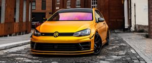 Preview wallpaper volkswagen golf, volkswagen, car, front view, yellow