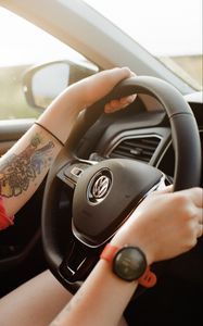 Preview wallpaper volkswagen, steering wheel, hands, salon, car