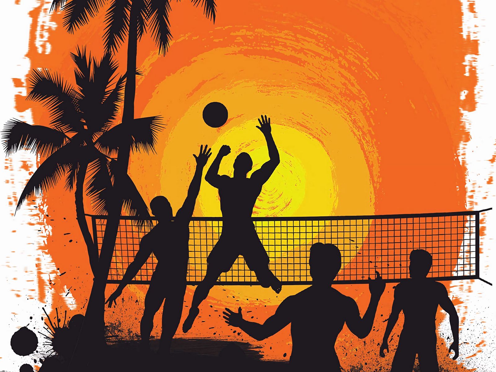 Download wallpaper 1600x1200 volleyball, silhouettes, sun, palm trees, art  standard 4:3 hd background