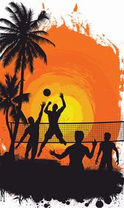 Preview wallpaper volleyball, silhouettes, sun, palm trees, art