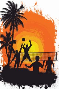 Preview wallpaper volleyball, silhouettes, sun, palm trees, art