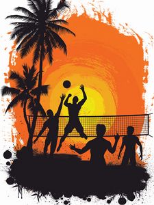 Preview wallpaper volleyball, silhouettes, sun, palm trees, art