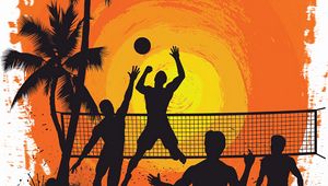 Preview wallpaper volleyball, silhouettes, sun, palm trees, art