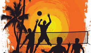 Preview wallpaper volleyball, silhouettes, sun, palm trees, art