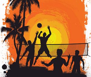 Preview wallpaper volleyball, silhouettes, sun, palm trees, art
