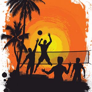 Preview wallpaper volleyball, silhouettes, sun, palm trees, art