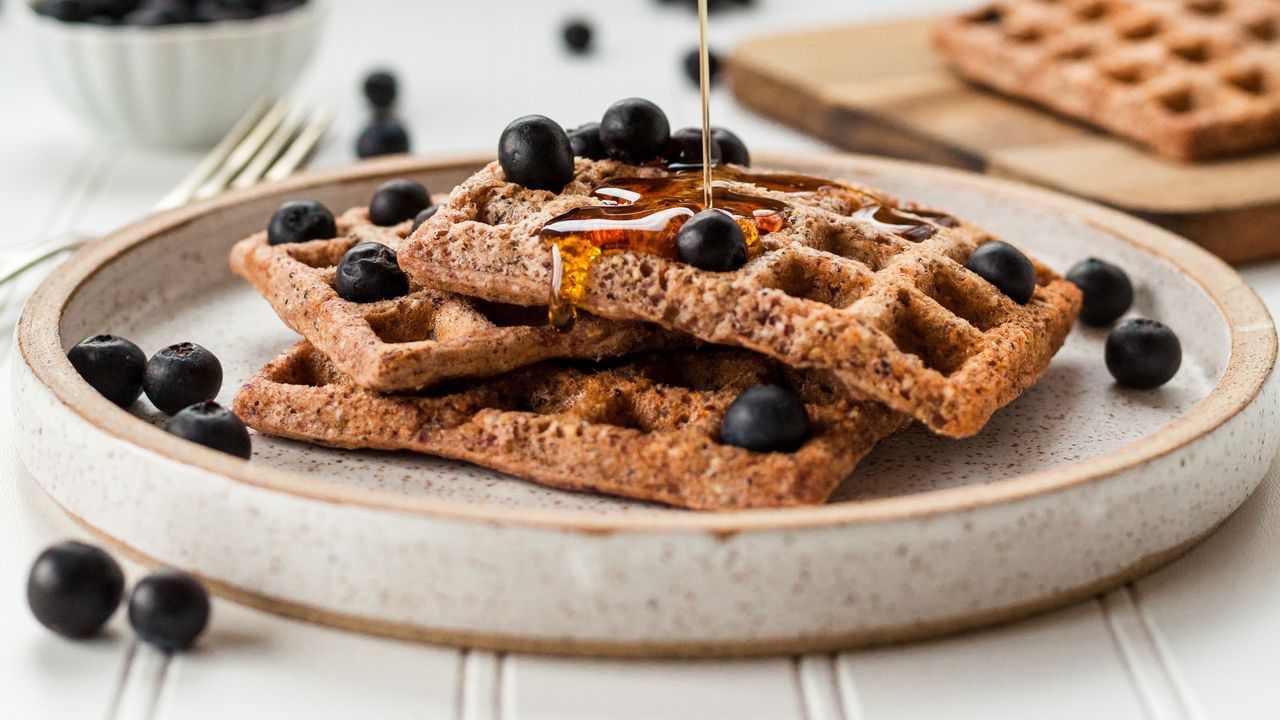 Wallpaper waffles, blueberries, honey, plate, dessert