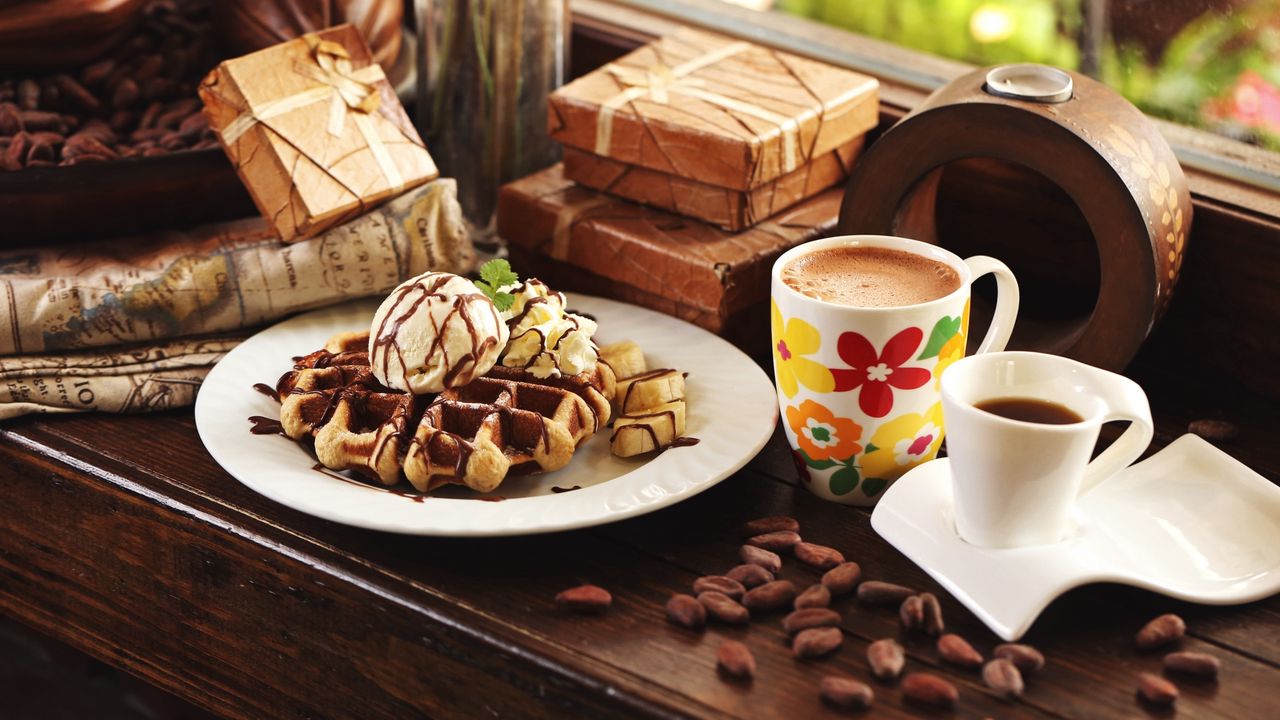 Wallpaper waffles, coffee, dessert, ice cream, banana