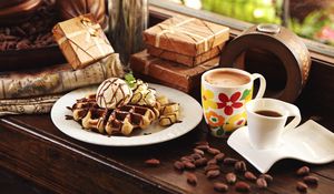 Preview wallpaper waffles, coffee, dessert, ice cream, banana