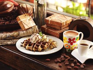Preview wallpaper waffles, coffee, dessert, ice cream, banana