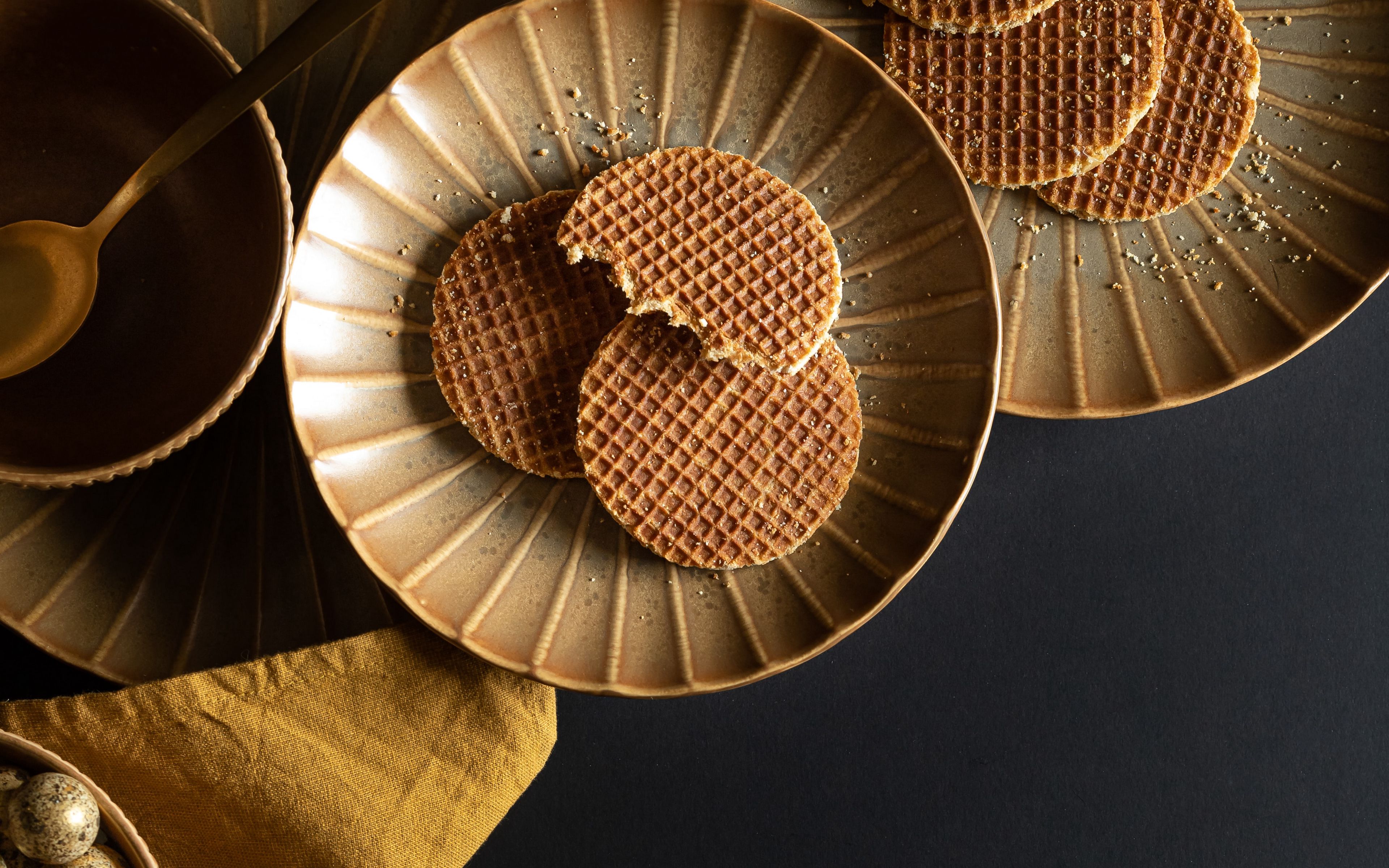 Download wallpaper 3840x2400 waffles, dessert, plates, quail eggs