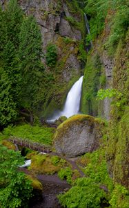 Preview wallpaper wahclella falls, oregon, waterfall, grass, hill