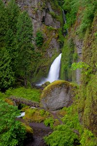 Preview wallpaper wahclella falls, oregon, waterfall, grass, hill