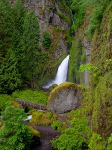 Preview wallpaper wahclella falls, oregon, waterfall, grass, hill