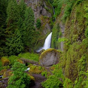 Preview wallpaper wahclella falls, oregon, waterfall, grass, hill