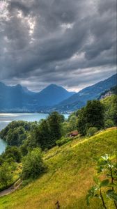 Preview wallpaper walensee lake, alps, switzerland, top view, hdr