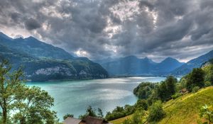 Preview wallpaper walensee lake, alps, switzerland, top view, hdr