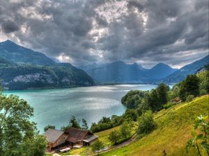 Preview wallpaper walensee lake, alps, switzerland, top view, hdr