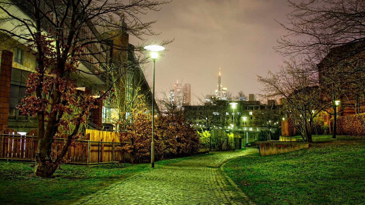 Wallpaper walkway, trees, landscape, night street, hdr