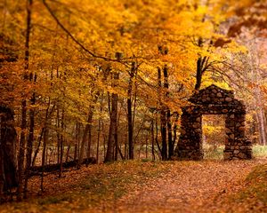 Preview wallpaper wall, aperture, wood, stones, autumn, leaves, trees